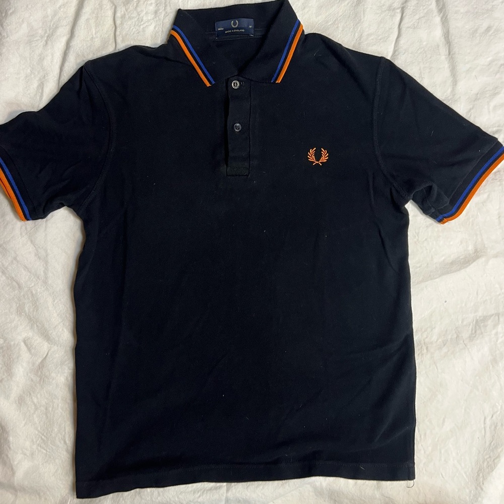 Fred Perry Made in England Polo Shirt | Navy w/ Orange & Blue Trim | 38 / 96cm